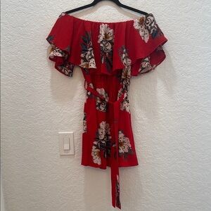 Etiquette Bright Red Floral Off-Shoulder Mini Dress Small